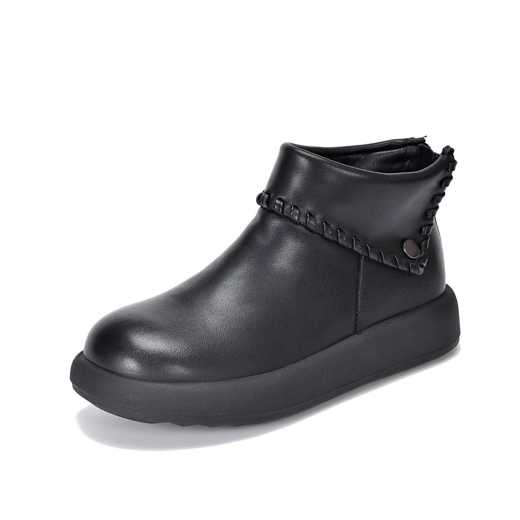 Johnature Turned-over Edge Plush Warm Cotton Shoes Genuine Leather Anti Slip Women's Ankle Boots