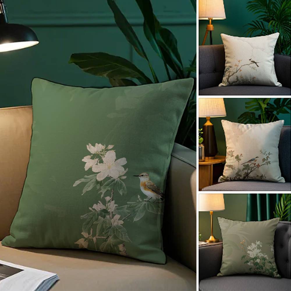 Chinese Style Simple Bird Flowers Pillow Case Comfort Sofa Bed Silky Elegant Invisible Zipper Decorative Cushion Cover