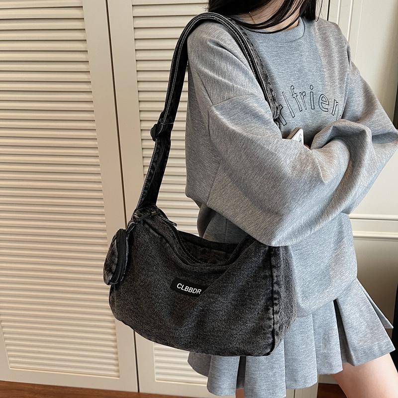 Solid Color Crossbody Bag Underarm Bag Women Denim Bag Commuter Shoulder Bag