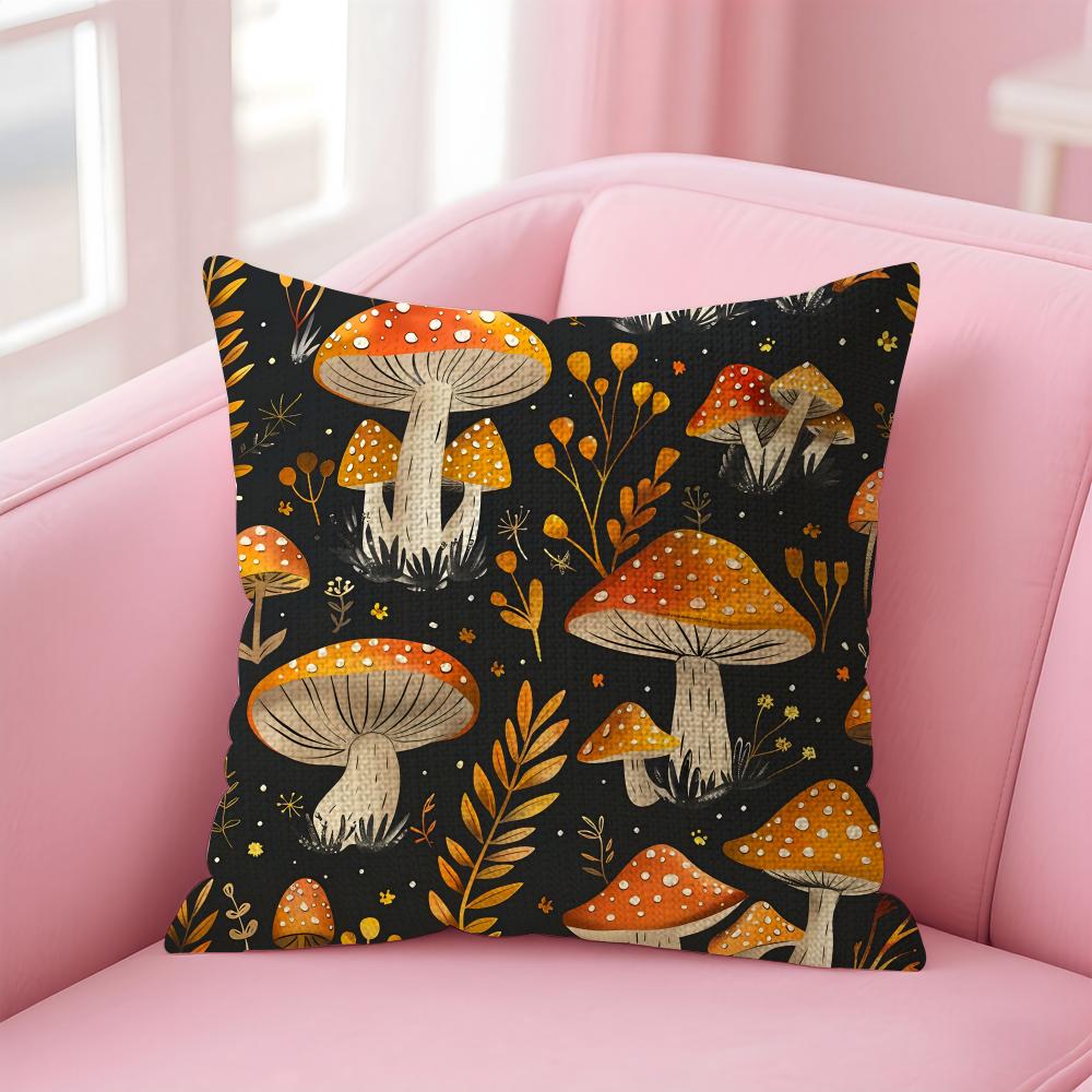 Mushroom Illustrations Cushion Cover Natural Linen Pillow Case Double-Sided Print Decorative Sofa Pillowcase Home Decor Gift