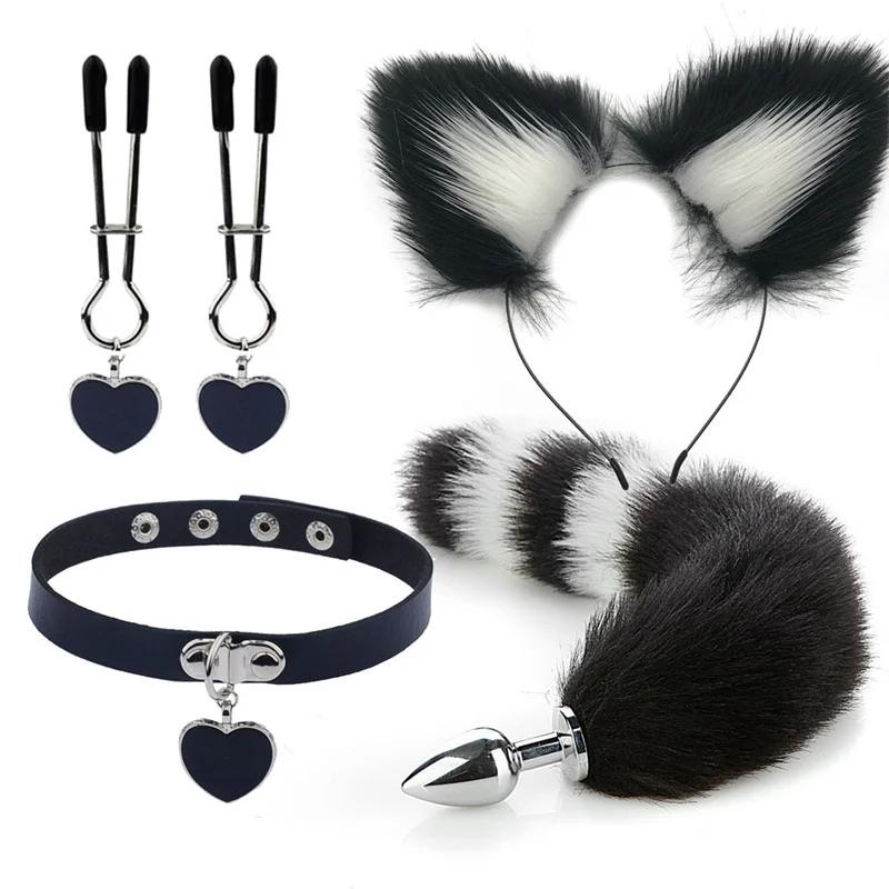 Anal Sex Toys Fox Tail Butt Plug Sexy Plush Cat Ear Headband With Bells Necklace Set Massage Sex Toys For Women Couples Cosplay