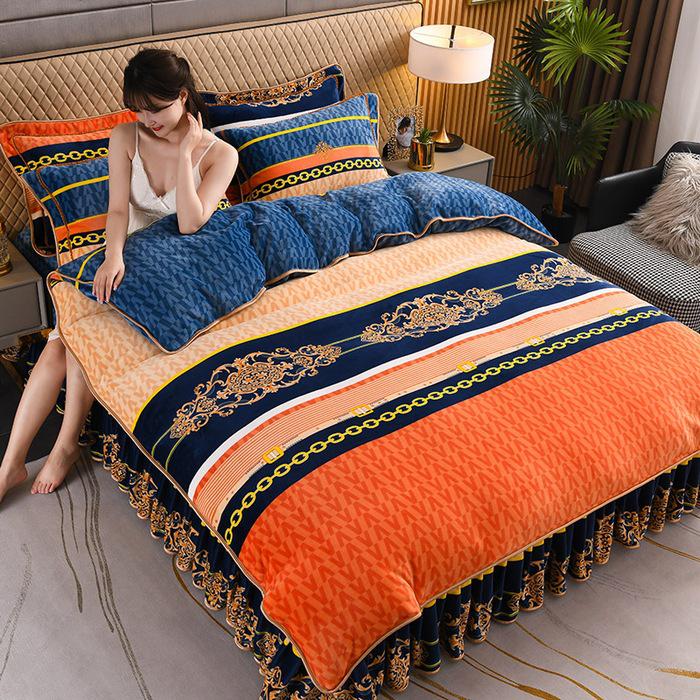 Cozy Flannel 230g Milk Velvet Printed Bed Set with Skirt - New Autumn/Winter Collection, Hot Seller
