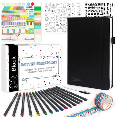 Feela Bullet Journal Synthetic A5 Dot Pen Included Notebook, Leather, Size, Grid, (Black)