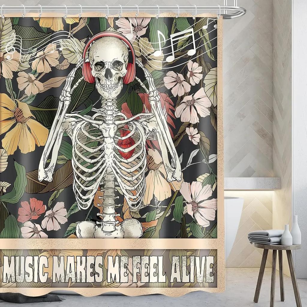 Skull Halloween Shower Curtain Scary Skull Flower Ghost Pumpkin Happy Bathroom Decoration Retro Shower Curtain