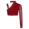 Mädchen Asymmetrisches Schulter Glitzernde Strasssteine Crop Top Tanzaufführung Bühnenkostüm