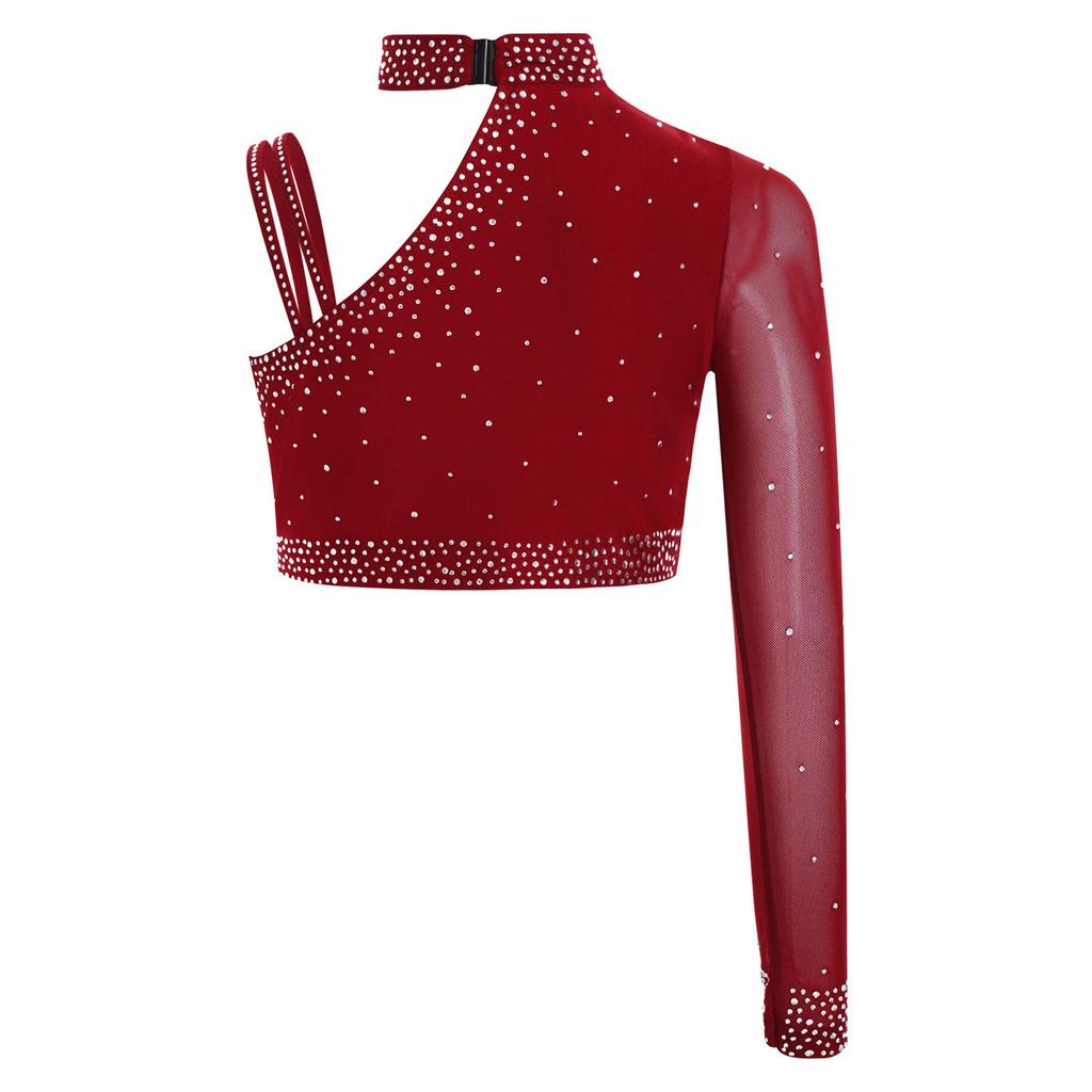 Mädchen Asymmetrisches Schulter Glitzernde Strasssteine Crop Top Tanzaufführung Bühnenkostüm
