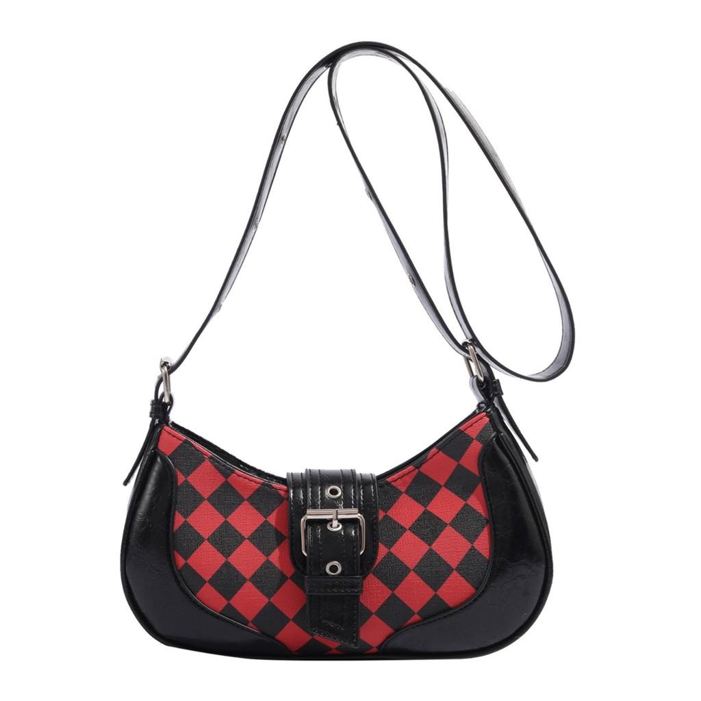 IELGY Retro Black Red Plaid Retro Underarm Bag Fashionable All-Match Cross-Body Saddle Bag