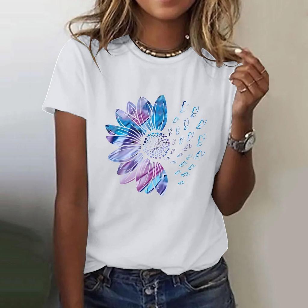 Women's Casual Floral Print Short Sleeved T-shirt With Round Neck  Top