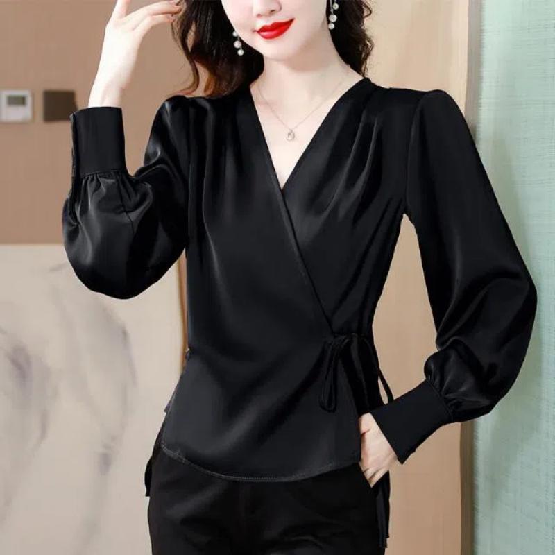 Spring Autumn Solid Color V-neck Long Sleeve Fashion Shirt Women High Street Casual Loose Lacing Cardigan Elegant All-match Tops