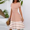 Women's Casual Fashion Round Neck Pleated Short Sleeve Striped Printed A-Line Midi Dress