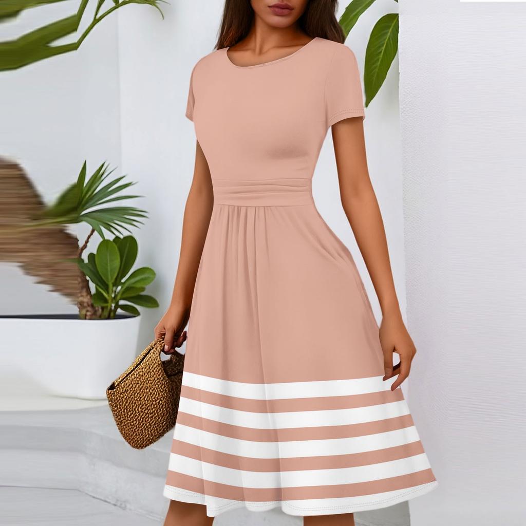 Women's Casual Fashion Round Neck Pleated Short Sleeve Striped Printed A-Line Midi Dress