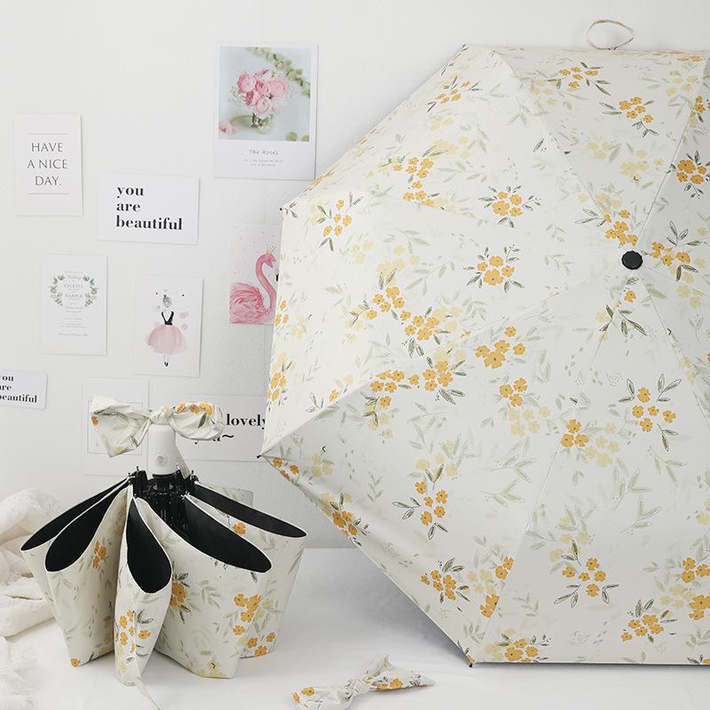 Compact Dual-Purpose Umbrella, UV Protection Parasol with Black Coating, Yellow Floral Design for Sun and Rain