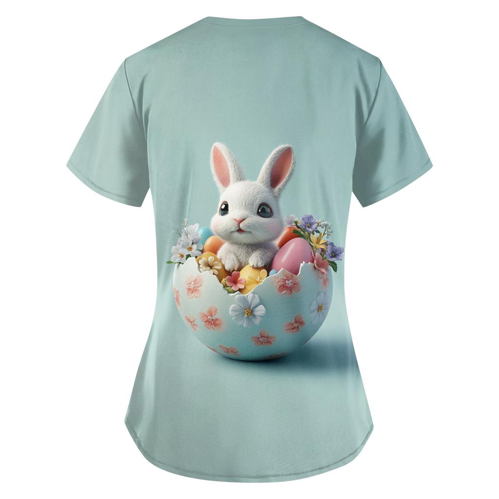 Damenmode V-Ausschnitt Kurzarm Overalls mit Taschen Osterdruck Oberteile Kleidung