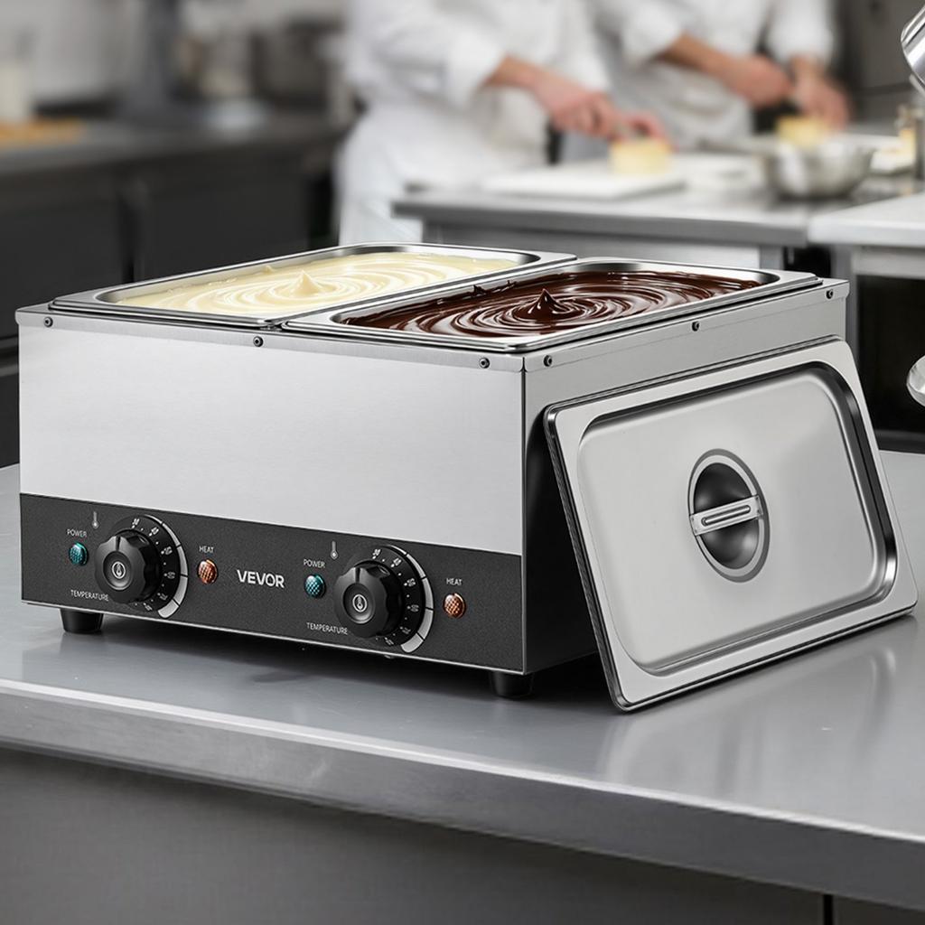 VEVOR 2-Temp Knob Chocolate Melting Machine, 2 Tanks 8.2 Kg Choc Melter, 1600W Power, Independent Temp Control, Water Bath Heat System