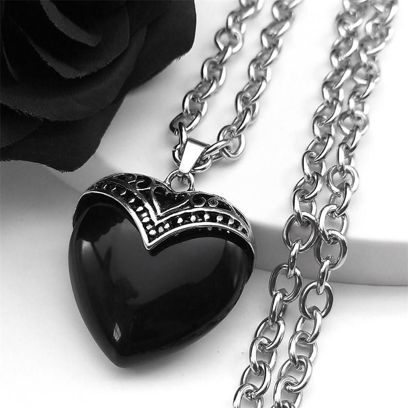 

Black Peach Heart Goth Stone Necklace Women Men Stainless Steel Silver Color Egirl Chain Statement Necklaces Jewelry NZZZ367-2