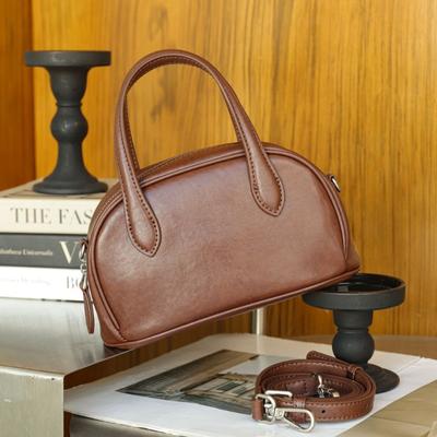 Vintage Genuine Leather Women's Vegetable Tanned Cowhide Boston Bowling Bag Niche Single Shoulder Crossbody Tote
