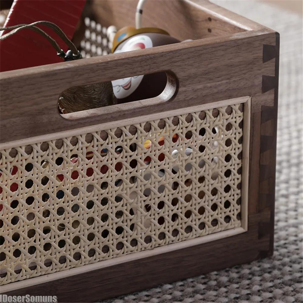 Kitchen Desktop Solid Wood Storage Box Retro Rattan Basket Book Snacks Cosmetics Organizer Home Appliance Luxury