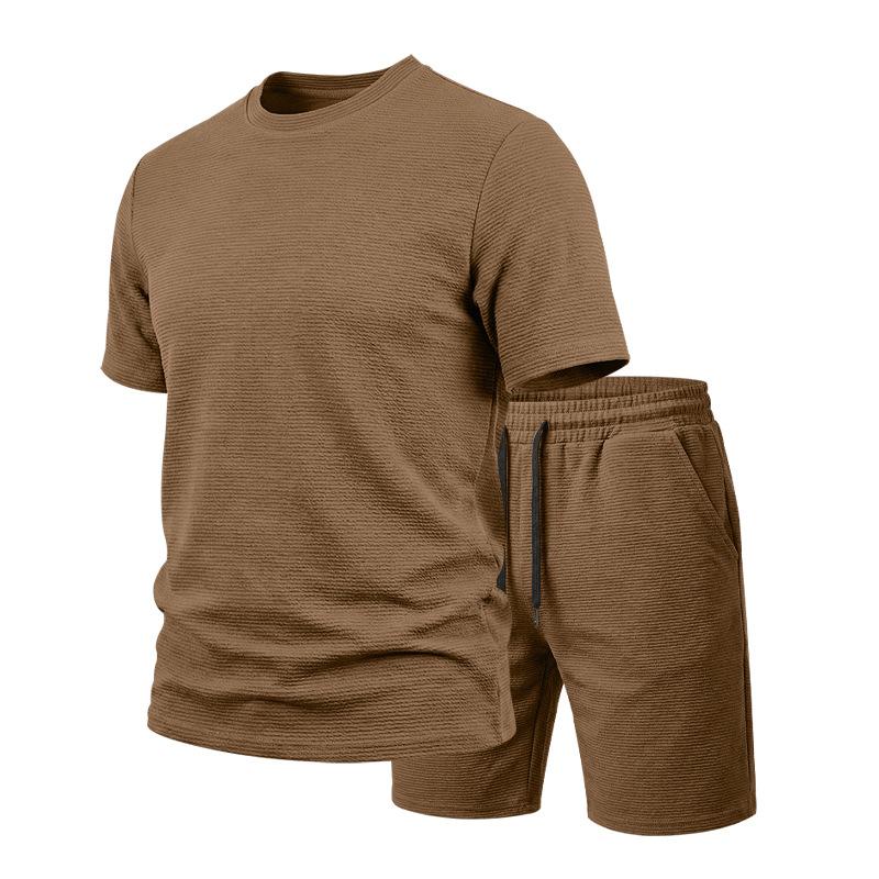 Men Casual Loose Textured Short Sleeve T Shirt And Shorts Two Piece Set