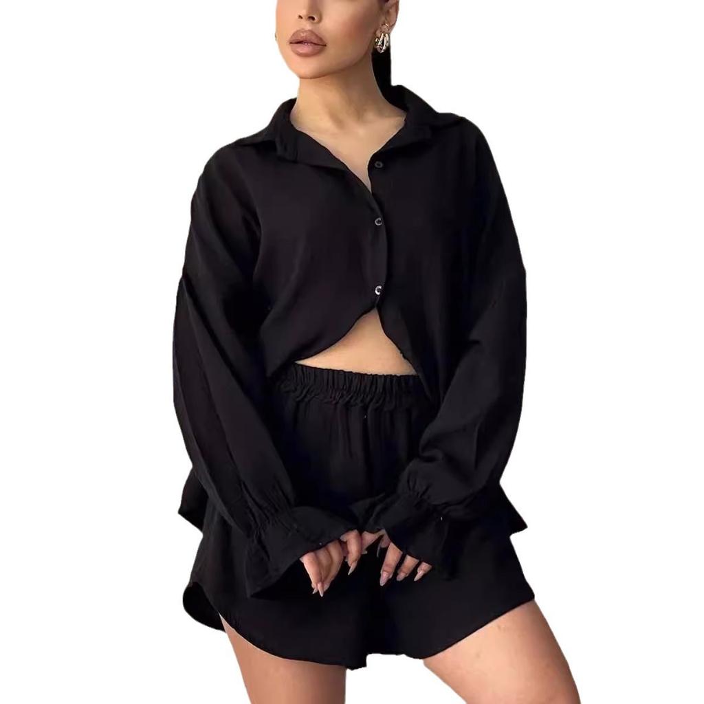 Women's European American Style 2-piece Outfit - Crinkled Fabric Lapel Long Sleeve Blouse + High Waist Fashion Casual Shorts