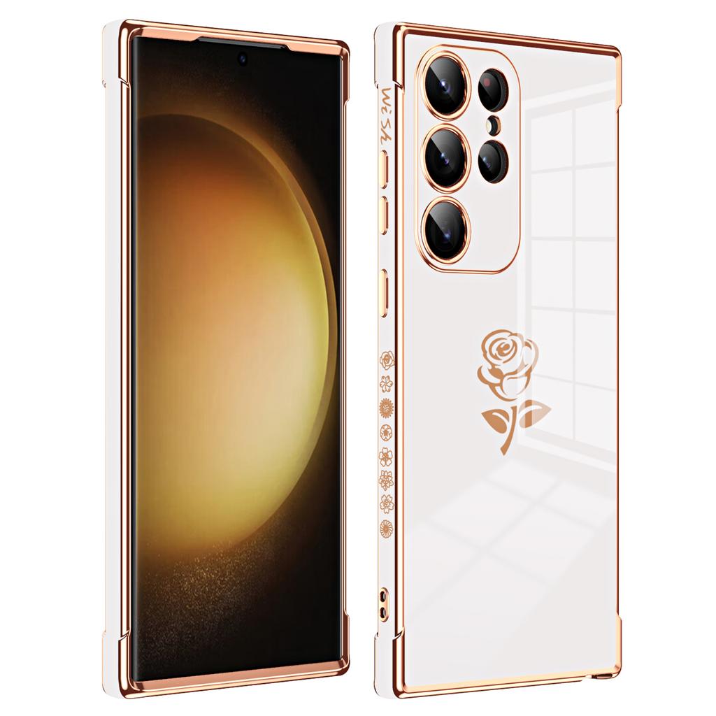 For Samsung Galaxy S25 Ultra Case Electroplating Edge Rose Pattern TPU Phone Back Cover Airbag Drop Proof