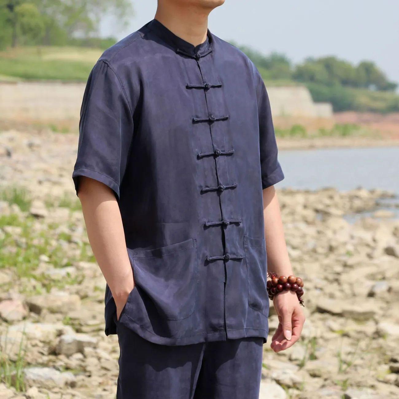 

Men s Summer Chinese Style Short Sleeve Tang Suit Shirt with Frog Buttons 5XL (190-210 jin) темно-синього кольору