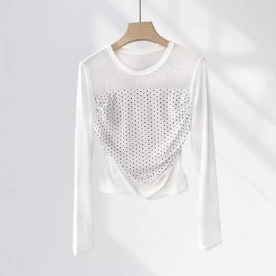 Double Layer White Polka Dot Ice Silk Mesh Long Sleeve Cinched Ballet Top