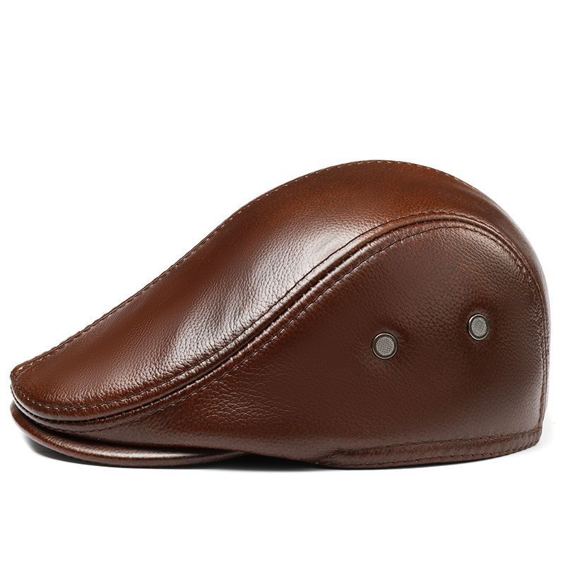 Korean Genuine Leather Cap - Autumn Winter Warm Cowhide Baseball Hat with Ear Flaps, Middle Aged Men Outdoor