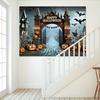 Mysterious Halloween photography background with Gothic castle pumpkin lanterns and bat haunted house