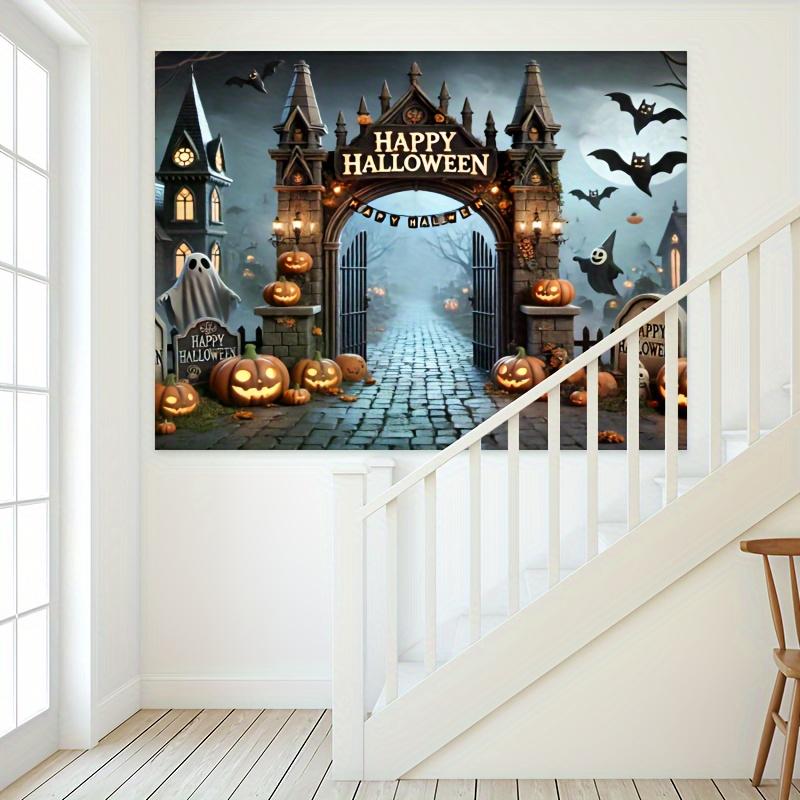 Mysterious Halloween photography background with Gothic castle pumpkin lanterns and bat haunted house