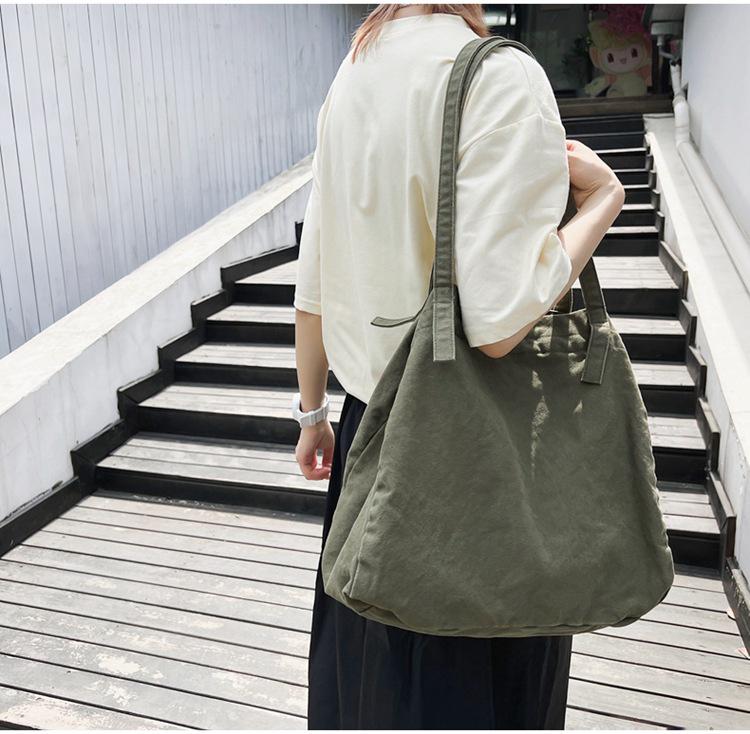 Japanese Minimalist Canvas Shoulder Bag: Large Capacity, Solid Color, Versatile for Shopping or School