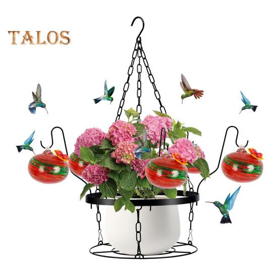 Hand Blown Glass Hummingbird Feeder 2-in-1 Hanging Metal Planter Holder with 6 Small Blown Glass Birdfeeder for Garden Backyard Window Decor