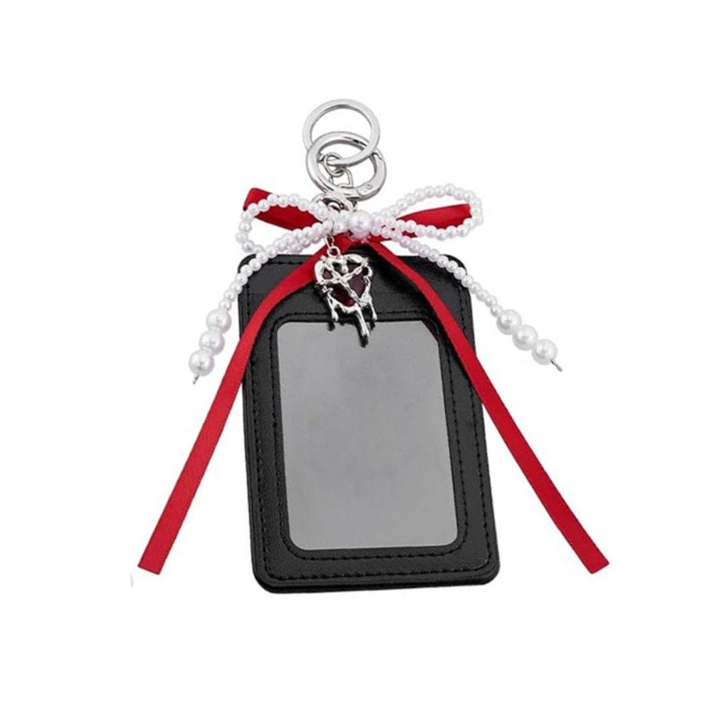 Pearl Bow Photocard Holder Key Ring Hardware PU Leather ID Card Holder Clear Window Dangling Charm Card Sleeve Handbag Hanging