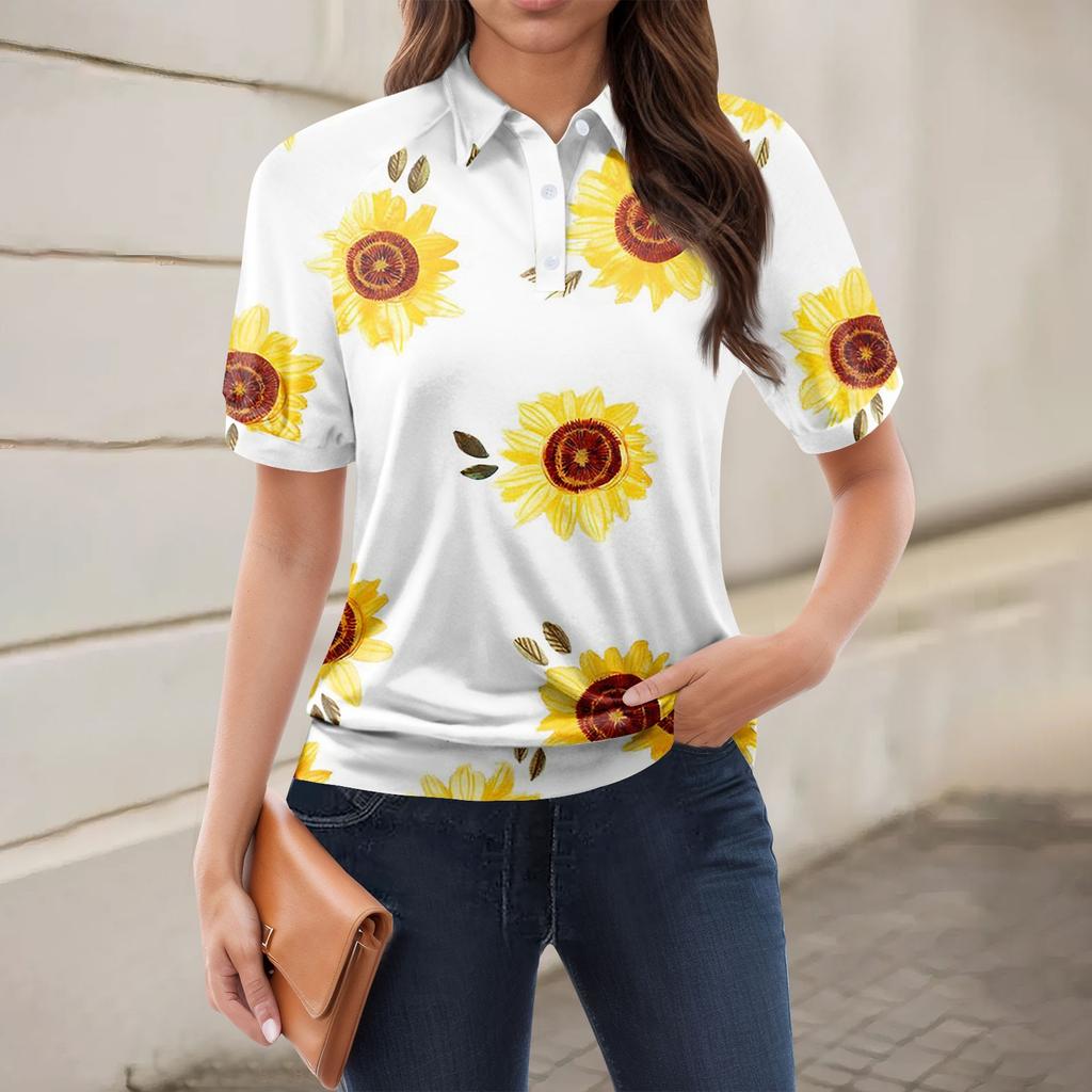 Kvinners uformelle blomstertrykk V-hals kortermet dekorativ knapp T-skjorte topp