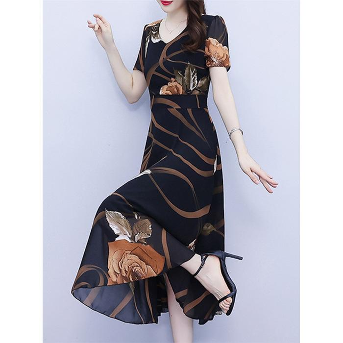 

Summer short-sleeved dress summer dress women s waist and thin fashion temperament long dress M чёрный