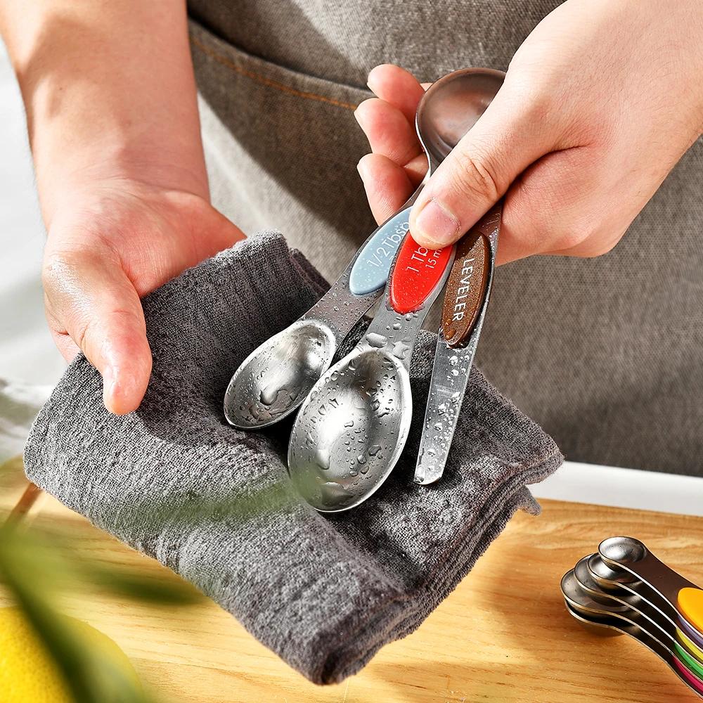 Juego de 8 Piezas/Set de Cucharas Medidoras Magnéticas de Acero Inoxidable Apilables Doble Cara Metálicas Precisas para Latas de Condimentos