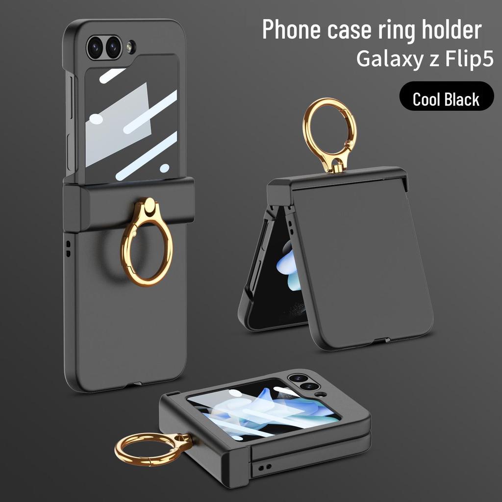 GKK Samsung Z Flip5 Full Coverage Frosted Case with Finger Ring Buckle & Small Folding Hinge.