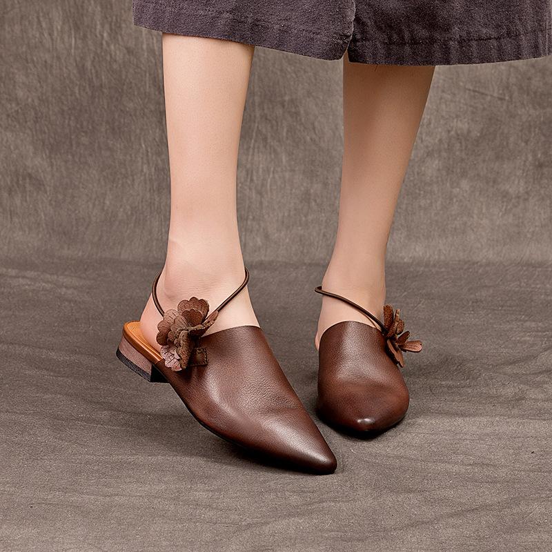 Women's New Spring/Summer Pointed Silk Cowhide Leather Embroidered Middle Heel Large Headed Muller Slippers