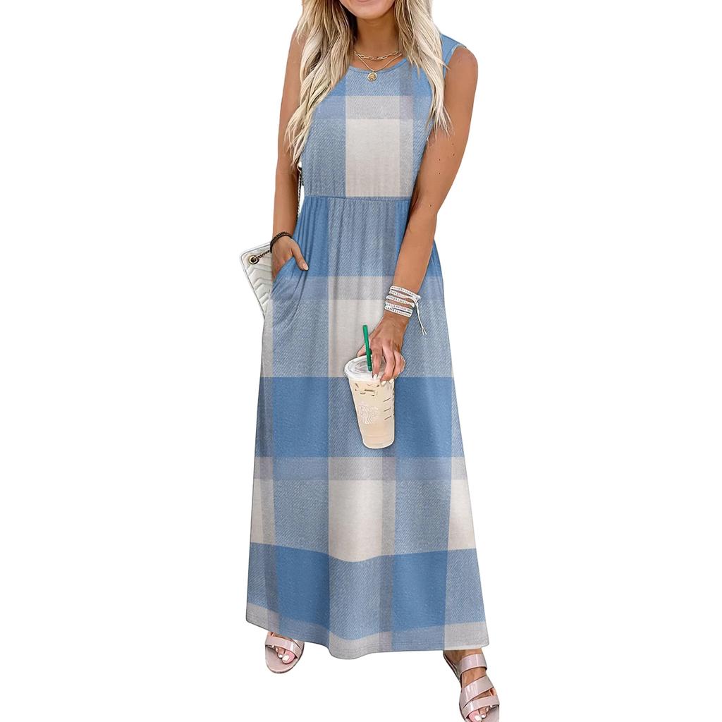 Ladies' Plaid Printed Casual and Fashionable Waist Cinched Sleeveless Dress