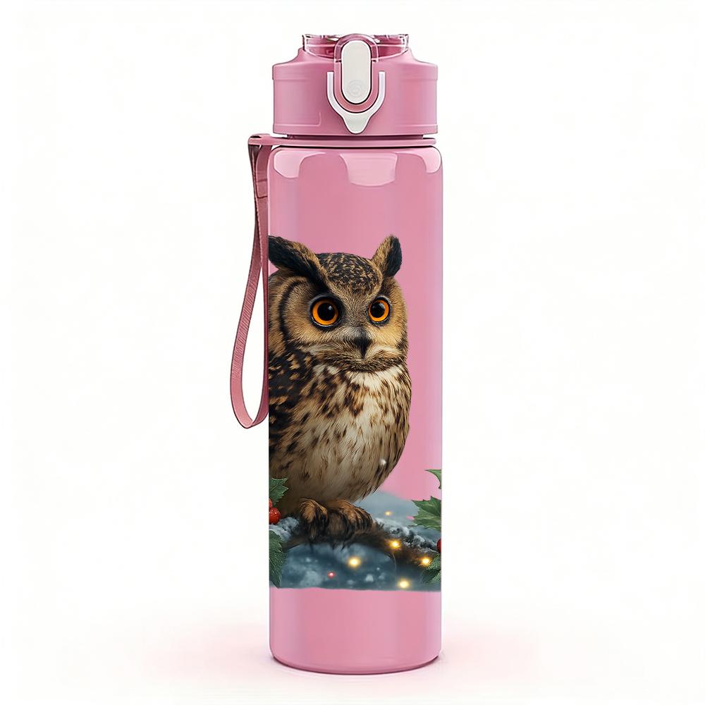 1PC Forest Owl Pine Branch 750ml Color Plastic Sports Water Bottle Leakproof Flip Straw Lid For Sports Office Home Use