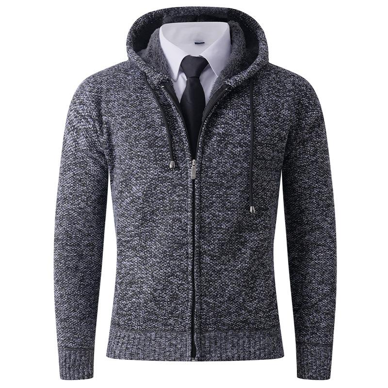 Winter Men'S Cardigan Hooded Sweater Simple Solid Color Fleece Thickened Knitted Sweater Casual Jacket