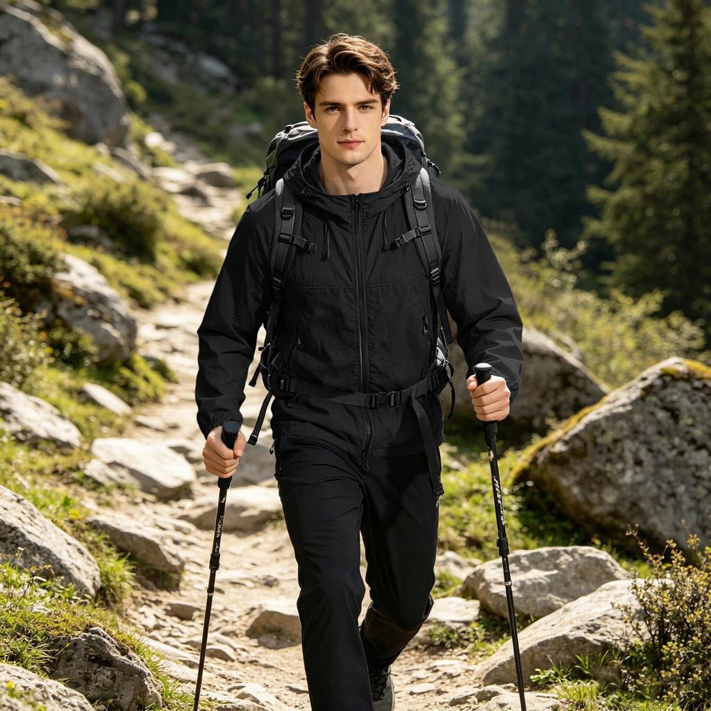 Men's Lightweight Hooded Sun Protection Jacket UV Resistant Outdoor Windbreaker with Zipper Pockets and Adjustable Drawstrings for Travel