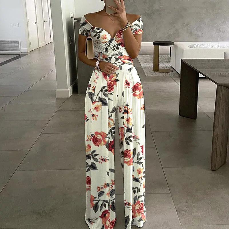 

Women s clothing, new spring models in Europe and America, temperament printed versatile one-word collar waist jumpsuit 3XL