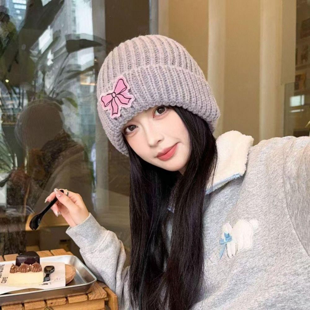 Lace Edge Bow Beanies Hat Solid Color Winter  Knitted Cap Cute Bow Knitted Pullover Hat  Outdoor