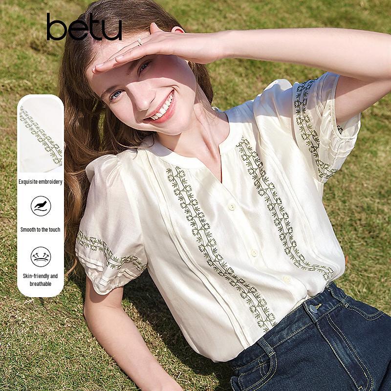 Betu Women s French Style Embroidered Breathable Short Sleeve Shirt L