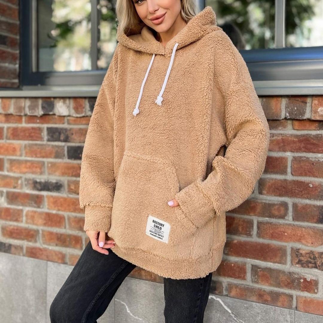 BITCED Фланелевой свободный пуловер с капюшоном и длинными рукавами, флисовая толстовка с капюшоном S хаки