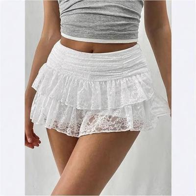 Fustă Scurtă de Vară Multi-strat cu Volane și Dantelă Stivuibilă Stil Spice Girl Sexy Elegantă Mini-fuste din Dantelă Femei Culoare Solidă Dulce Plisată Croială Slim Fit Haine Transparente