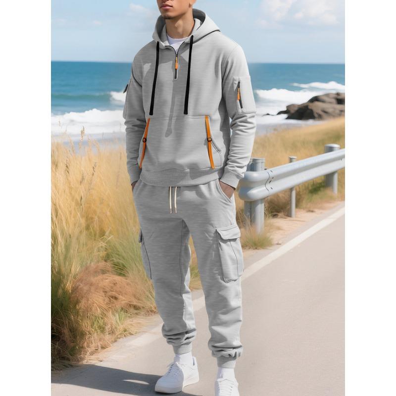 New Autumn Winter Men's Fleece Sweatshirt Fashion Hoodie Zipper Multi-pocket Overalls Suit