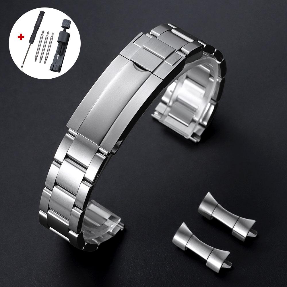Luxury Curved Flat End Watch Strap 20mm 21mm 22mm Solid Stainless Steel Bracelet for Rolex for Oyster Metal Folidng Buckle Band