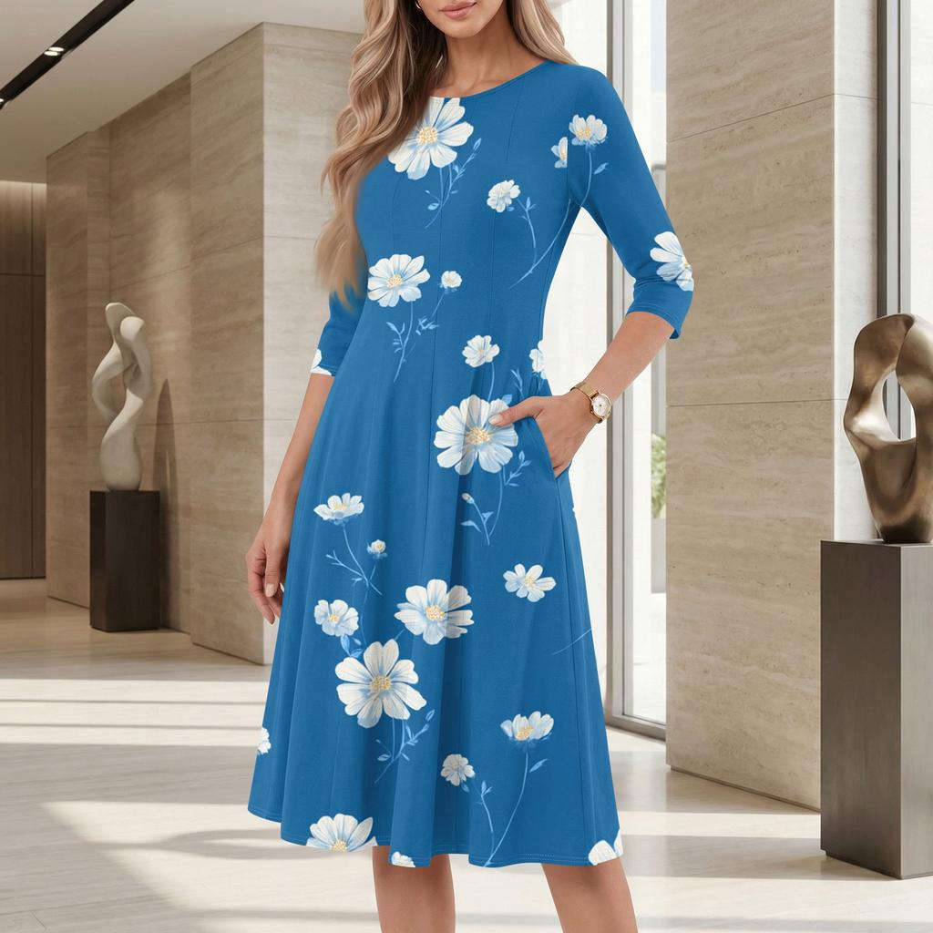 Women's Casual Floral Print Midi Dress Three Quarter Sleeve Round Neck Loose Fit Comfortable Everyday Dress with Pockets