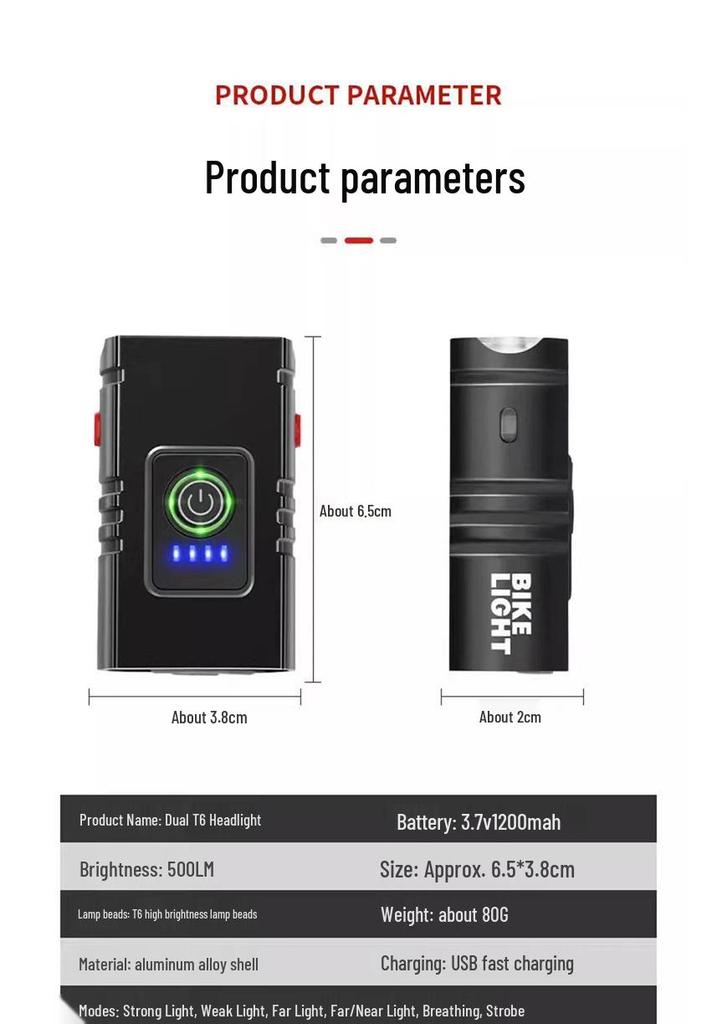 Dual T6 LED Waterproof USB Rechargeable Bike Light for Night Riding